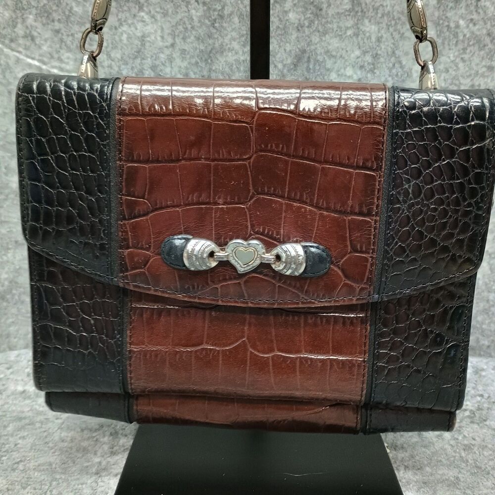 BRIGHTON Black & Brown Leather Crossbody Croc‎ Embossed Tarnished Multi Pockets